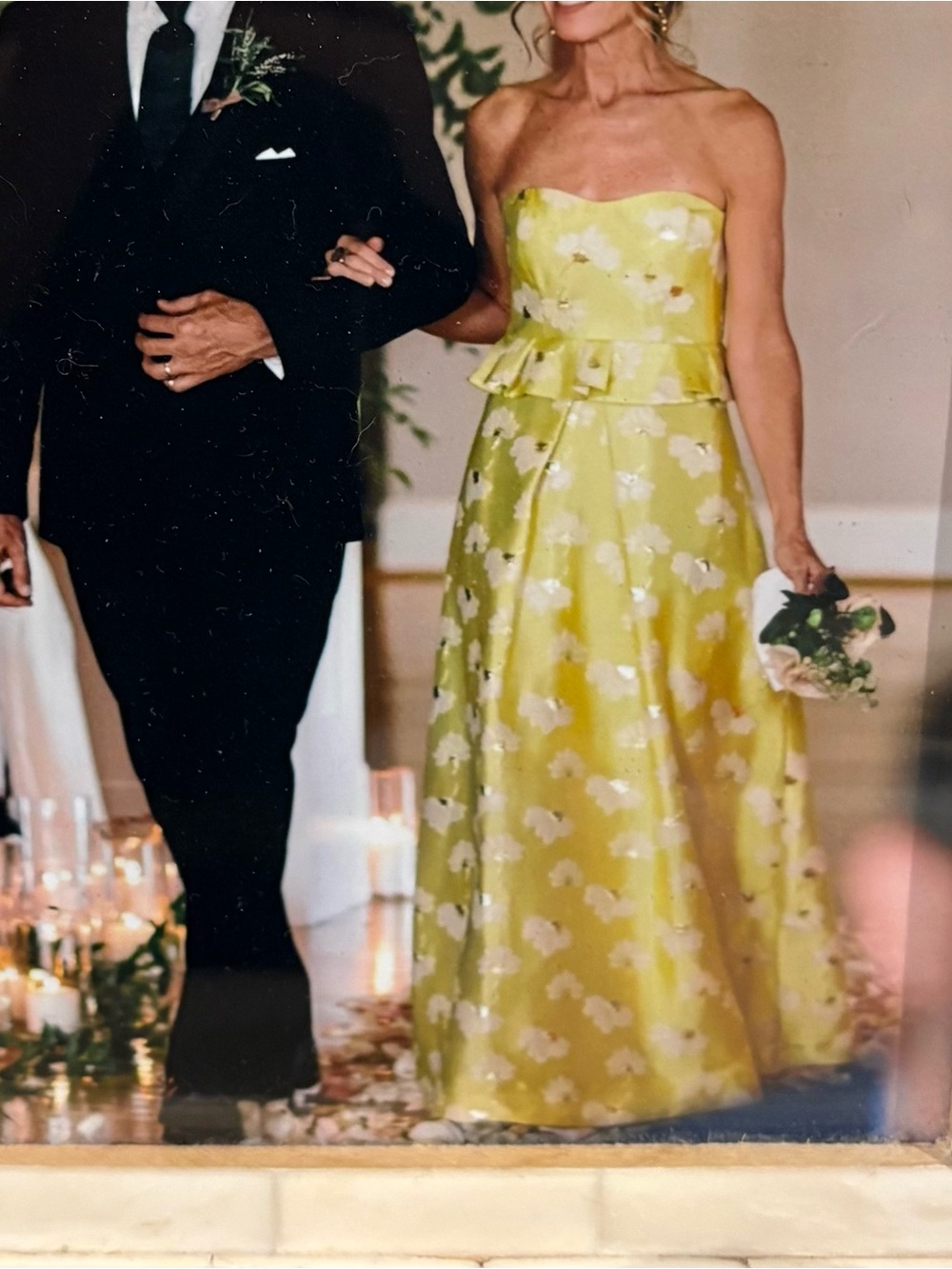Monique Lhuillier Strapless Yellow Floral Peplum Gown